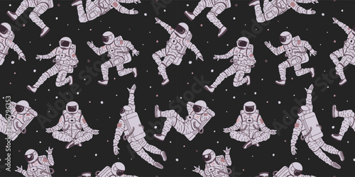 Vector seamless pattern with astronauts in flight, wearing a spacesuit on a black background
