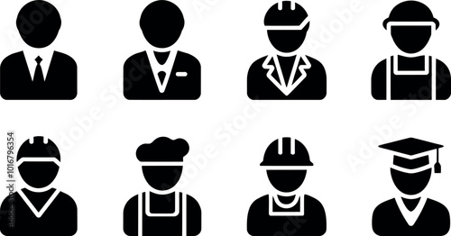 Black and white icons of diverse professions including businessperson, chef, and graduate

