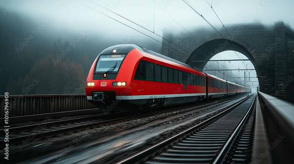 Fototapeta premium A beautiful red train travels over a stone bridge surrounded by stunning winter landscapes in the Swiss mountains, highlighting exceptional views and serene snow-covered scenery