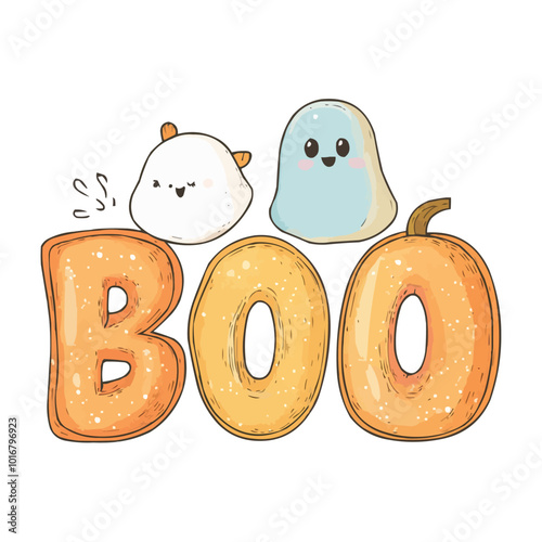 Halloween-themed word BOO with cute ghost and pumpkin