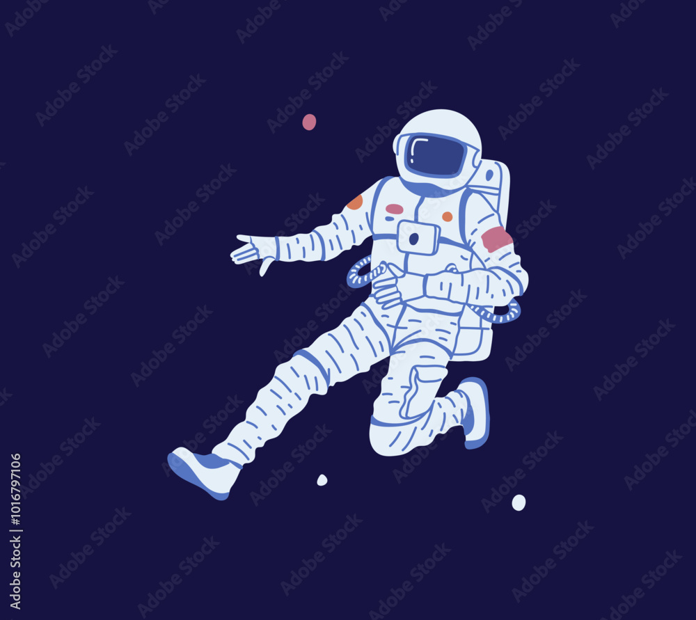 Astronaut in space vector illustration, flying cosmonaut in spacesuit, interstellar character soar with stars in galaxy Astronaut in space vector illustration, flying cosmonaut in spacesuit, interstellar character soar with stars in galaxy