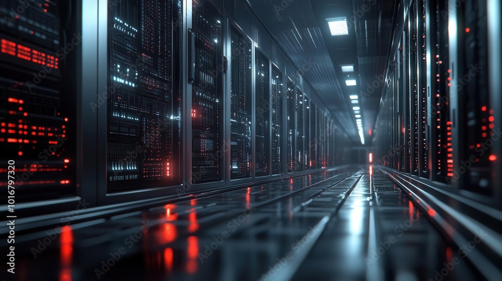 a high-tech digital depiction of a cloud computing data center, showcasing rows of servers and cybersecurity measures, illustrating the complexity and sleek design of modern technology a high-tech digital depiction of a cloud computing data center, showcasing rows of servers and cybersecurity measures, illustrating the complexity and sleek design of modern technology