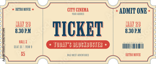 Universal vintage ticket template in dark blue and red on a light beige background. For cinemas, parties, clubs, concerts and other retro events. Vector, printable. Just add your text.