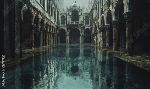 A flooded courtyard of a historic building with arches and columns, the water reflecting the sky and the building's facade.