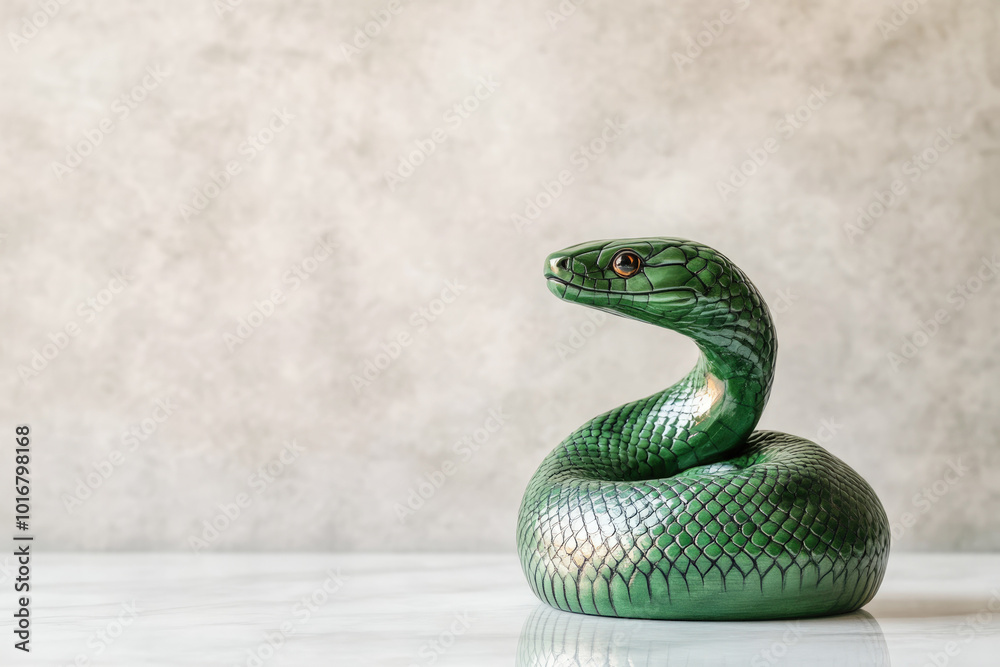 Fototapeta premium Green Wooden Snake Figurine Coiled on White Marble Surface, Minimal Chinese New Year Decor, Copy Space