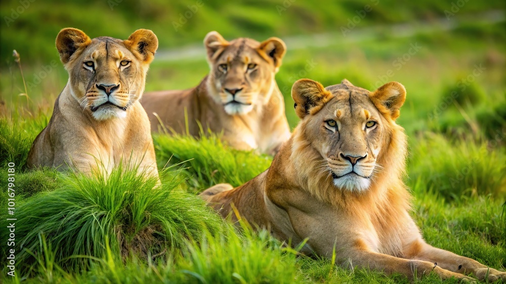 african lions resting in the green grass at tilted angle african lions resting in the green grass at tilted angle