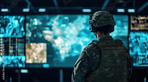 a soldier navigates a modern war room filled with maps and screens, embodying tactical operations and strategic planning in a high-stakes environment