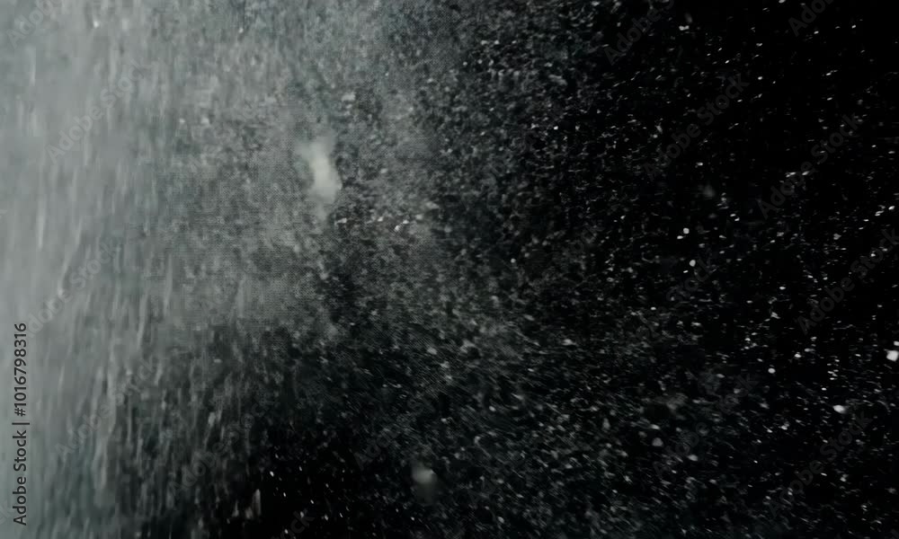 A distressed white grainy texture with dust particles floating against black background. The abstract overlay effect, sense of snow, grain, or noise, ideal for adding depth and texture to designs