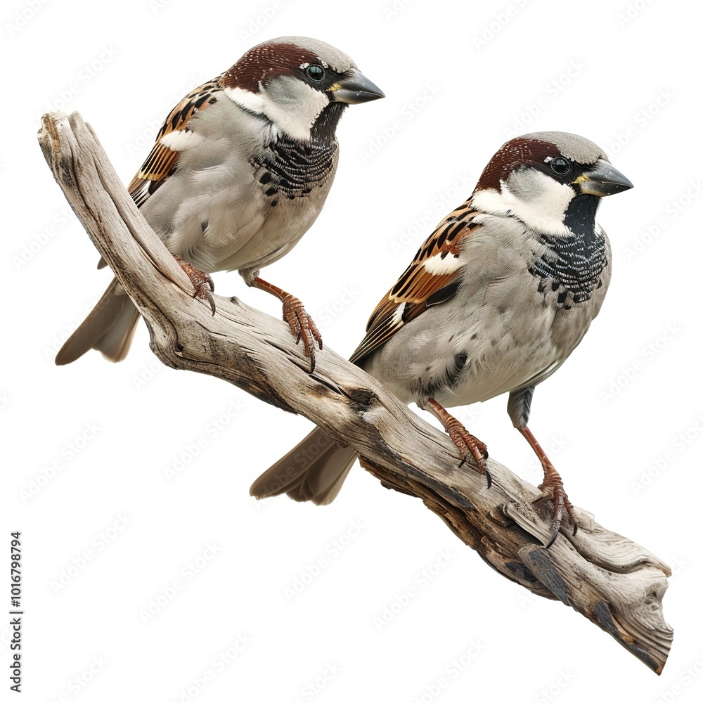 Obraz premium Pair of sparrows perched on a branch cut out on a white background for versatile use, png. 