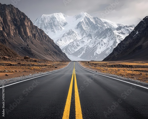 Karakoram Highway crossing through a rugged, rocky landscape with dramatic cliffs towering above, Rugged Karakoram, Scenic, adventurous, rugged