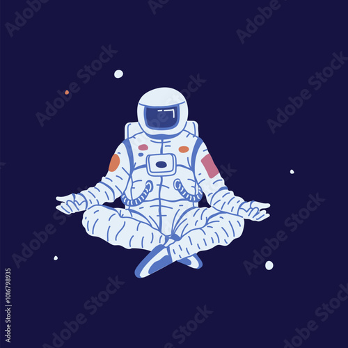 Vector illustration of an astronaut sitting in a lotus position surrounded by stars