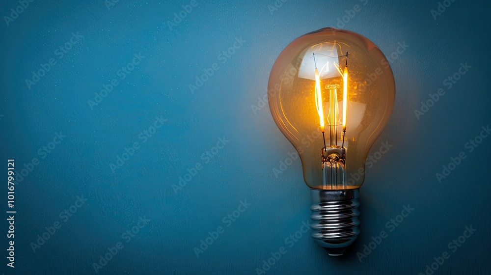 A solitary lightbulb illuminating a blue background with copy space