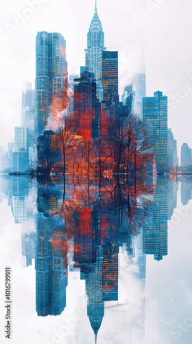 Modern glass skyscrapers in the city center with a double exposure effect. Blue abstract background for a business concept design, corporate presentation, and web banner.