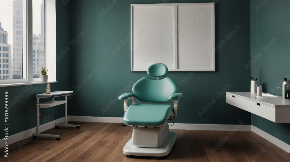 Obraz premium Mint Comfort: Dental Chair in Refreshing Colors with Blank Posters on the Wall