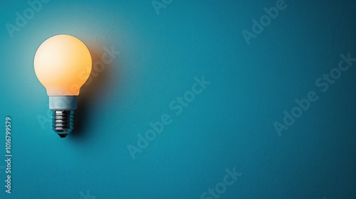 A solitary lightbulb illuminating a blue background with copy space