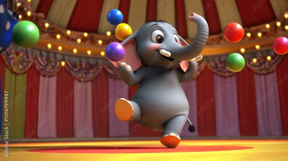 Fototapeta premium A playful 3D cartoon elephant balancing on one leg, juggling colorful balls with its trunk in a fun, circus-like scene