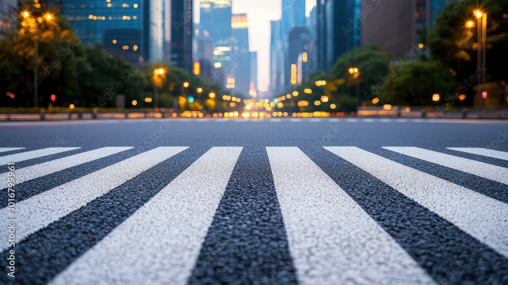 A low-angle view of a crosswalk in a modern city, showcasing the striped pavement with tall buildings and streetlights in the background. A low-angle view of a crosswalk in a modern city, showcasing the striped pavement with tall buildings and streetlights in the background.