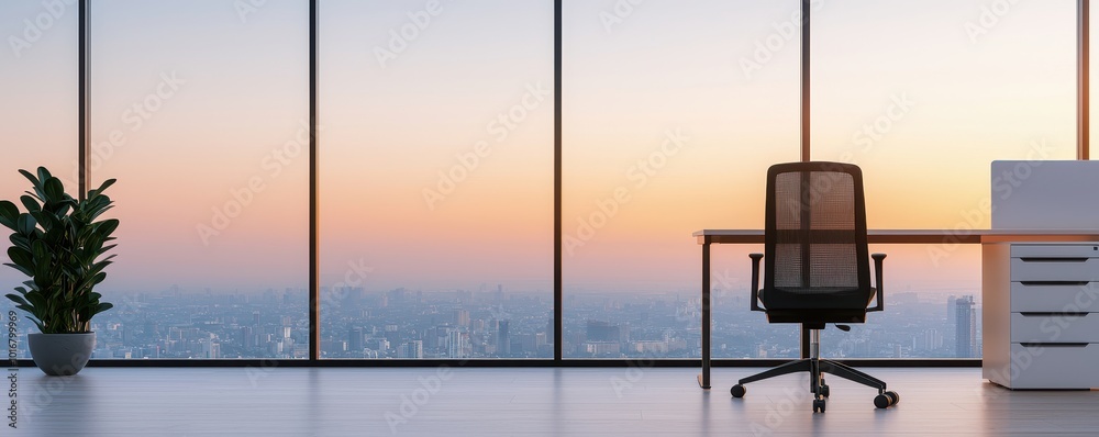 A modern office interior featuring a sleek chair, desk, plants, and expansive windows showcasing a sunset view over the city skyline. A modern office interior featuring a sleek chair, desk, plants, and expansive windows showcasing a sunset view over the city skyline.
