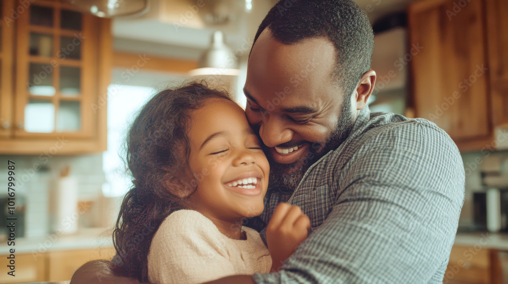 Obraz premium Father and daughter share a joyful hug in their rustic kitchen, celebrating Earth Day with laughter and love in a cozy family moment