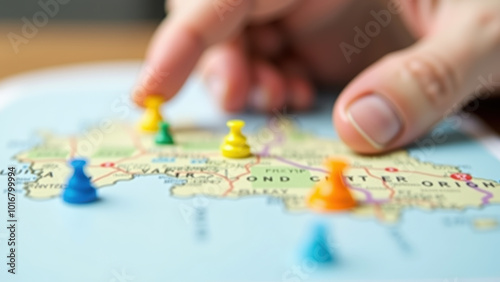 Person's Hand Placing Yellow Location Pin on Detailed Paper Map with Various Markers