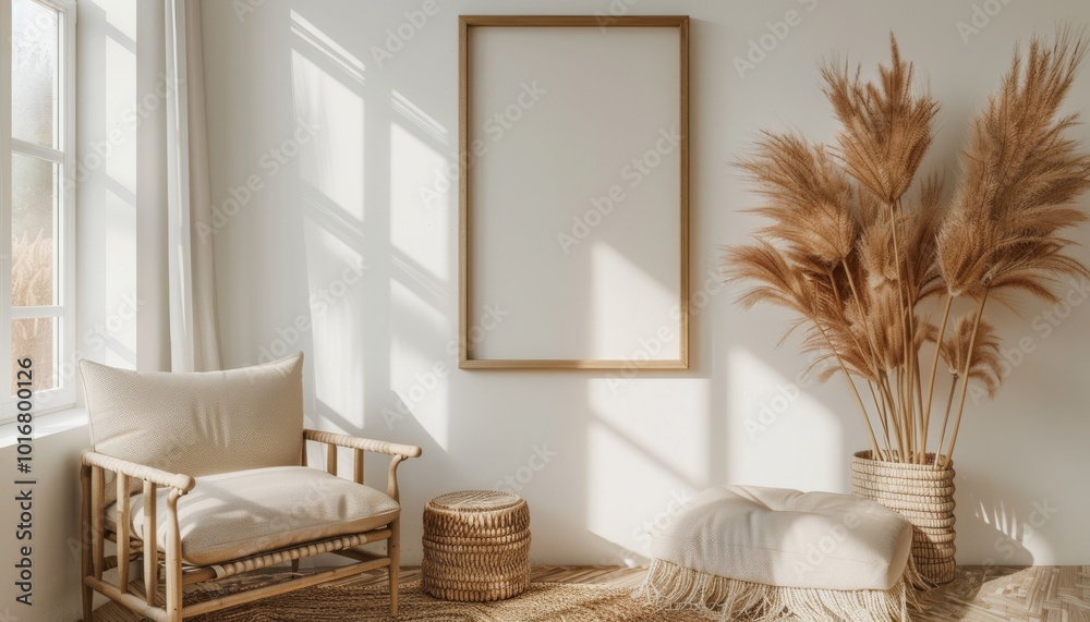 A tranquil indoor scene featuring a cozy chair, decorative elements, and pampas grass, bathed in soft sunlight against a neutral backdrop.