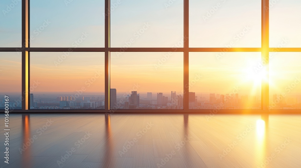 Fototapeta premium A stunning view of a sunset skyline through large windows, highlighting the orange and blue hues of twilight over a city landscape.