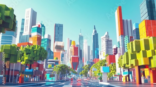 Wallpaper Mural A vibrant 3D cartoon city with futuristic architecture, eco-friendly skyscrapers, and a bustling downtown area filled with life and movement Torontodigital.ca