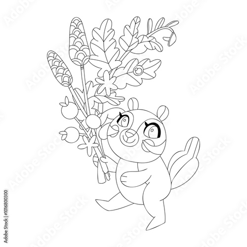 Coloring page with adorable Chipmunk with a bouquet. Autumn linear illustration.