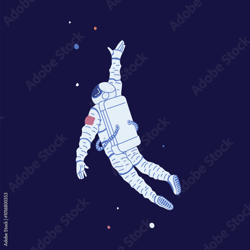 Astronaut in space, vector flat flying cosmonaut in spacesuit, interstellar character hovering with stars in galaxy