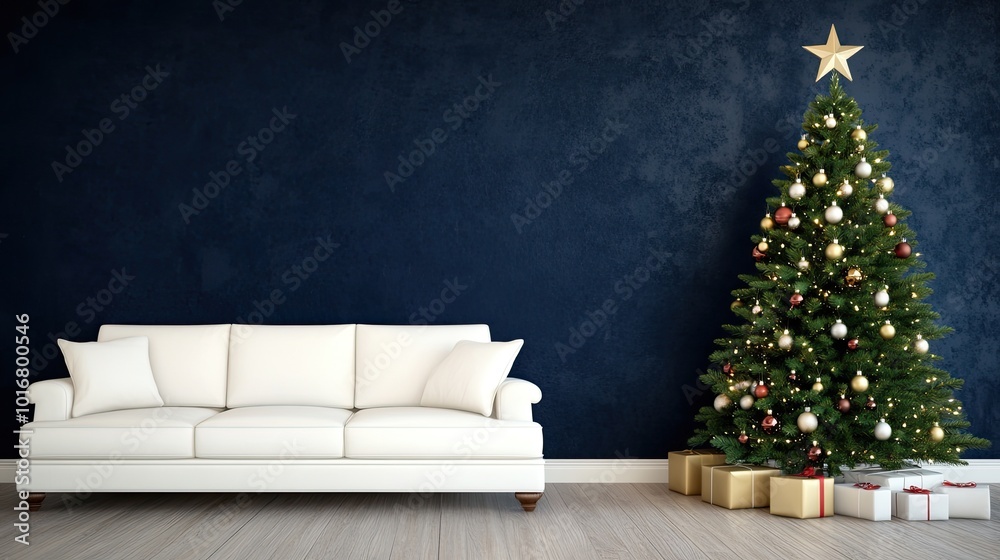 This cozy living room features a modern sofa and coffee table, adorned for Christmas with a decorated tree and thoughtful holiday decor against a soft blue wall This cozy living room features a modern sofa and coffee table, adorned for Christmas with a decorated tree and thoughtful holiday decor against a soft blue wall