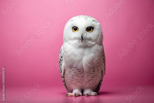 adorable white owl on pastel pink background