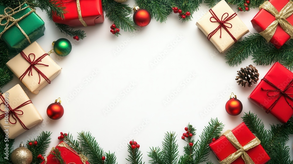 blank space for text against a merry christmas banner, surrounded by colorful gift boxes, fir tree branches, and red ornaments, all set on a crisp white background blank space for text against a merry christmas banner, surrounded by colorful gift boxes, fir tree branches, and red ornaments, all set on a crisp white background