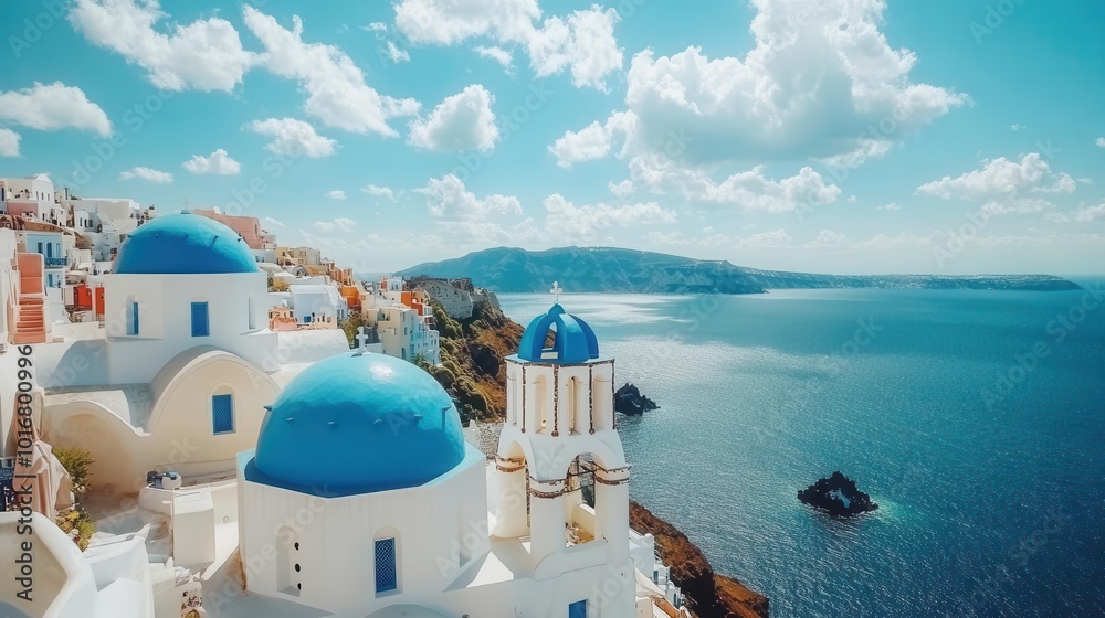 Obraz premium breathtaking panoramic view of santorini, greece, with its iconic whitewashed buildings and blue domes overlooking the sparkling sea, capturing the essence of summer travel