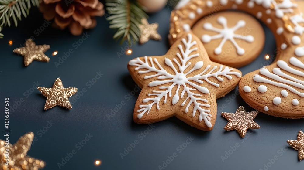 Festive Gingerbread Cookies with Icing and Decorative Stars on Dark Background for Holiday Celebrations and Christmas Themes Festive Gingerbread Cookies with Icing and Decorative Stars on Dark Background for Holiday Celebrations and Christmas Themes