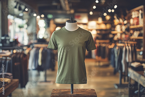 A green shirt is displayed on a mannequin in a store