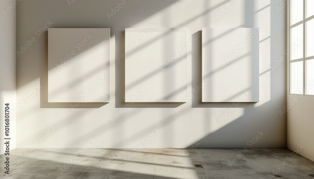 Fototapeta premium Minimalist interior featuring empty frames on a wall, sunlight casting dramatic shadows, perfect for art display or creative inspiration.