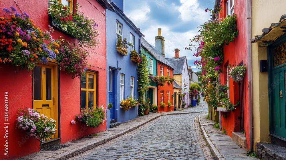 Fototapeta premium charming view of the colorful old streets in kinsale, cork, ireland, with vibrant houses adorned with flowers, cobblestone paths, and a serene sky, evoking a sense of wanderlust