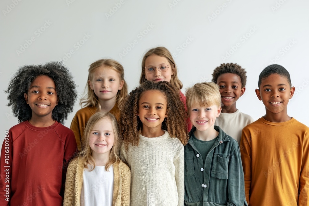 Group of diverse kids standing together and looking at camera isolated on grey background Group of diverse kids standing together and looking at camera isolated on grey background
