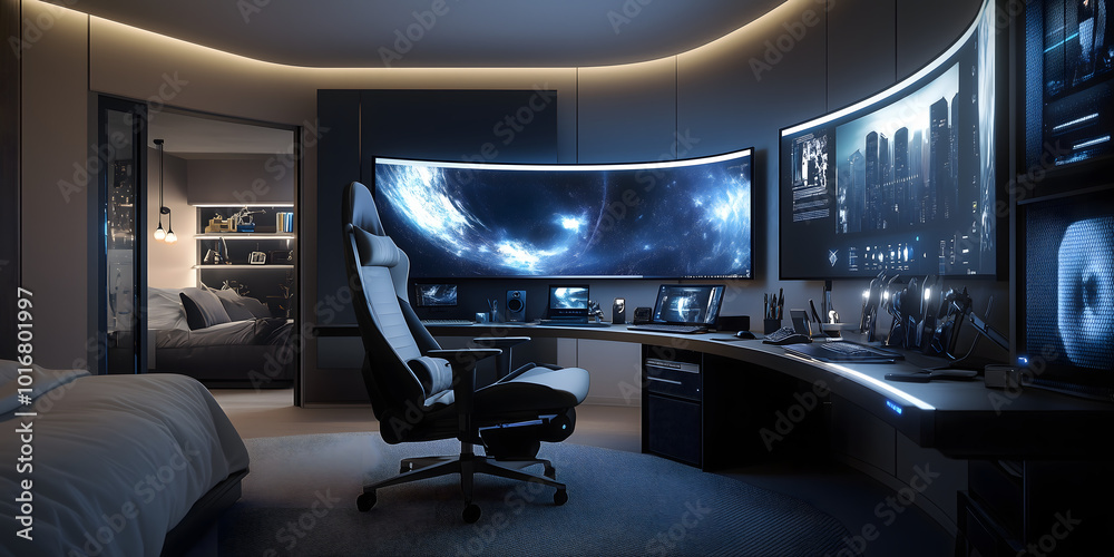 Modern Gaming Desk with Blue Neon Lights, Apple MacBook Pro, and Dual Monitors Modern Gaming Desk with Blue Neon Lights, Apple MacBook Pro, and Dual Monitors