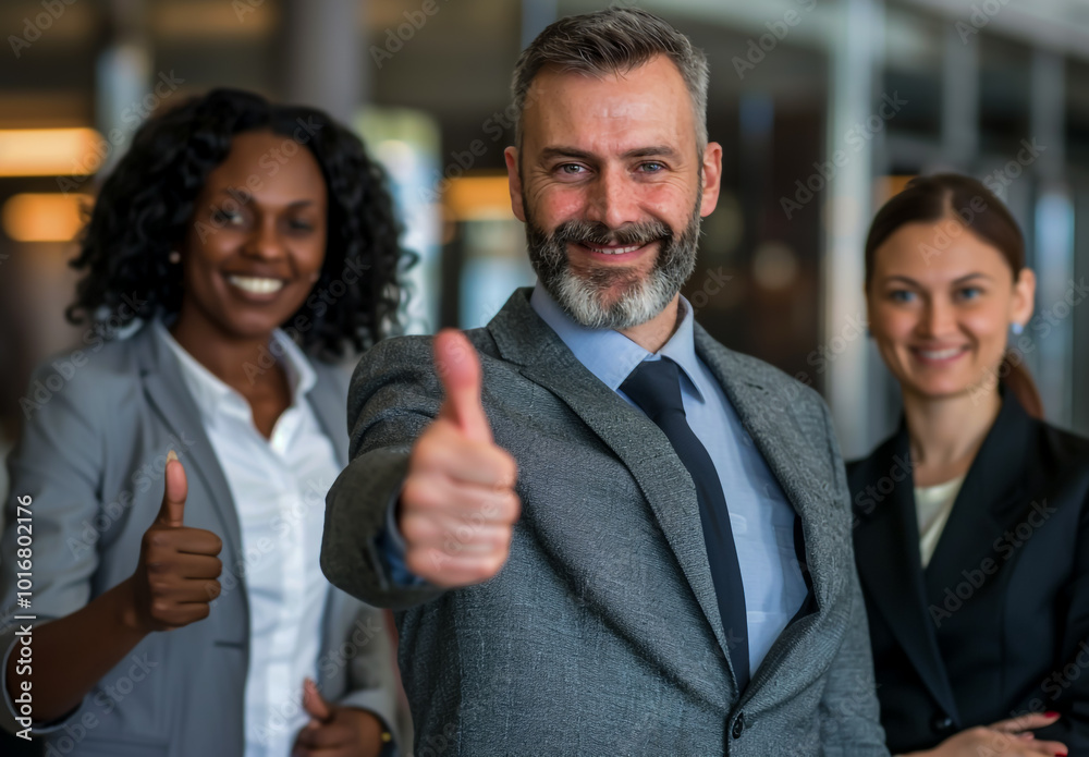 A well-dressed businessman with short hair and a beard, wearing a grey suit, gives a thumbs-up to the camera in an office setting A well-dressed businessman with short hair and a beard, wearing a grey suit, gives a thumbs-up to the camera in an office setting