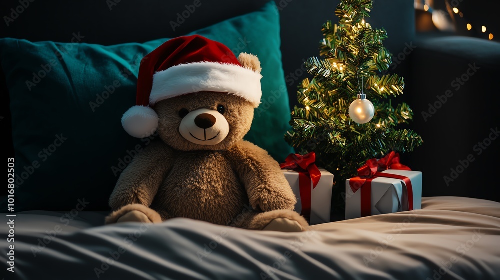 A cozy Christmas scene featuring a teddy bear in a Santa hat beside a decorated tree and gift boxes on a bed. A cozy Christmas scene featuring a teddy bear in a Santa hat beside a decorated tree and gift boxes on a bed.