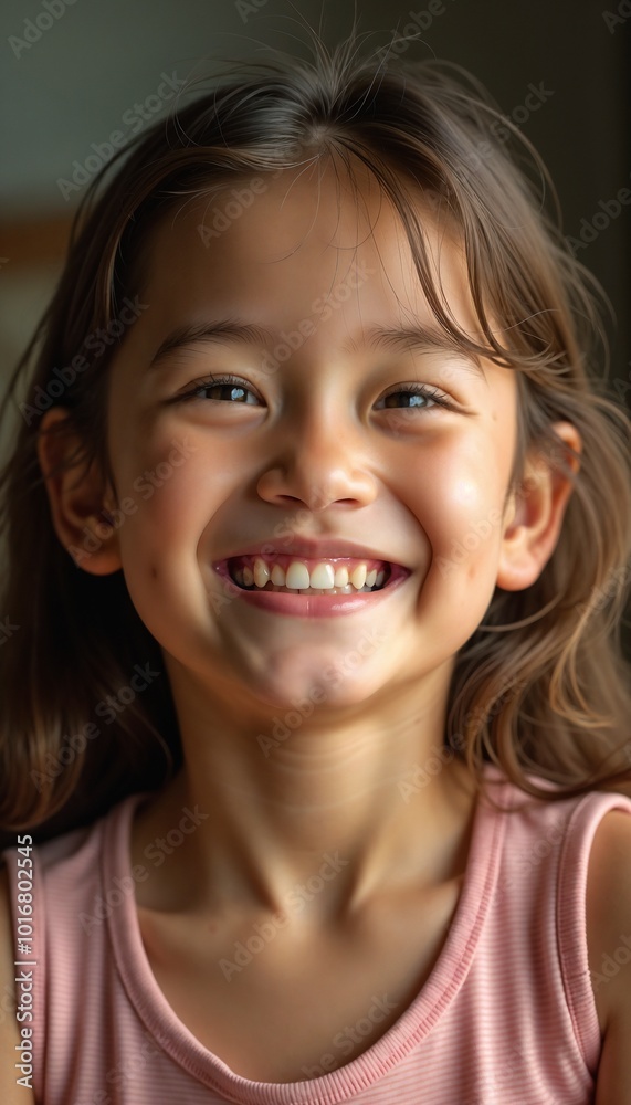 Joyful young girl with long hair smiling brightly in a warm indoor setting Joyful young girl with long hair smiling brightly in a warm indoor setting