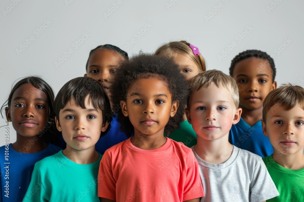Group of multiethnic kids looking at camera isolated on grey background Group of multiethnic kids looking at camera isolated on grey background