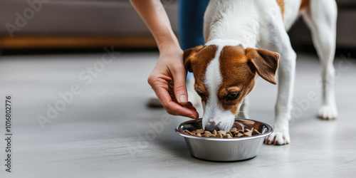A hand feeding a small dog from a metal bowl, with the dog focused on eating in a cozy indoor environment