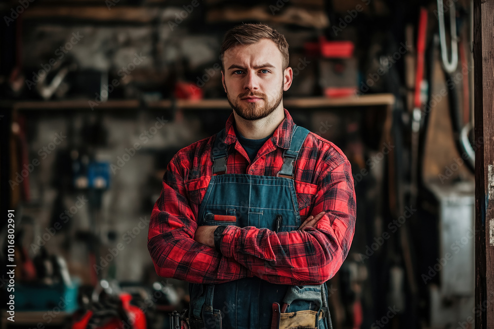 Confident young carpenter in a plaid shirt and overalls standing with crossed arms in a workshop. The background shows various tools and equipment, creating a rugged and hardworking atmosphere