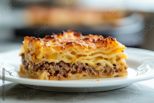 Close-up of hamburger Noodle Hotdish on a white plate, showing golden-brown layers with a delicate interior texture of soft photo