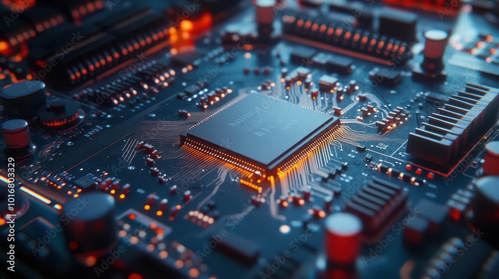 close-up view of computer microchips on a motherboard, intricate circuitry and data ram elements highlighting the complexity and advancement of technology close-up view of computer microchips on a motherboard, intricate circuitry and data ram elements highlighting the complexity and advancement of technology