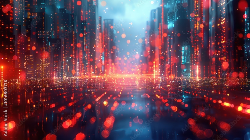 Fototapeta premium Futuristic cityscape with glowing neon lights and a digital river flowing through it. The city is bathed in a vibrant, colorful light.