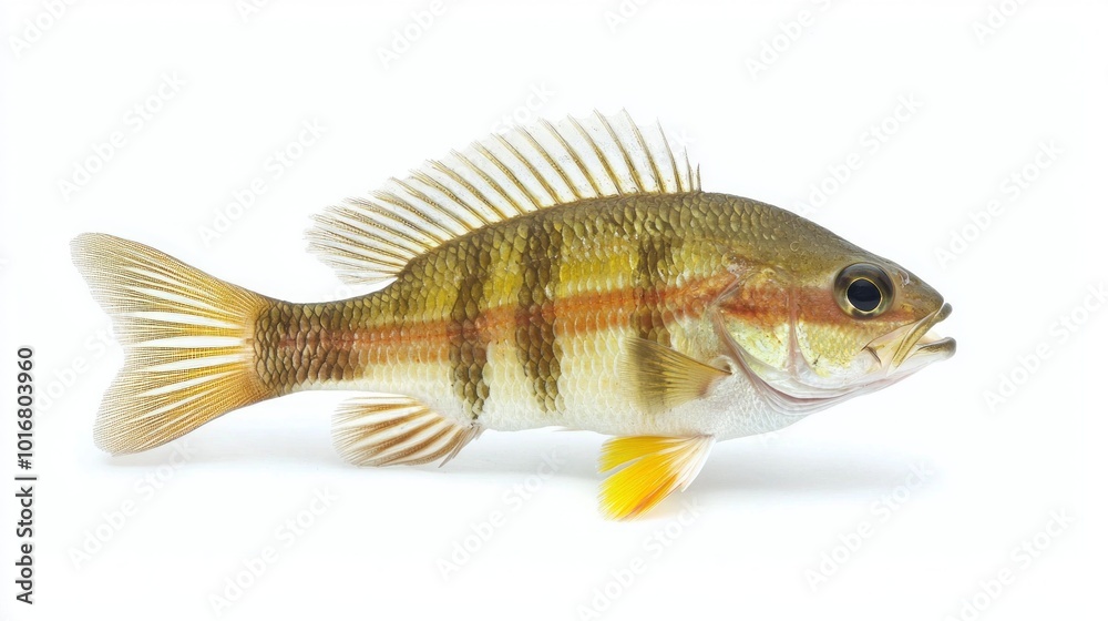 Drum Fish is prominently displayed on a white background allowing for a clear view of its distinctive stripes and body structure ideal for educational purposes. Drum Fish is prominently displayed on a white background allowing for a clear view of its distinctive stripes and body structure ideal for educational purposes.