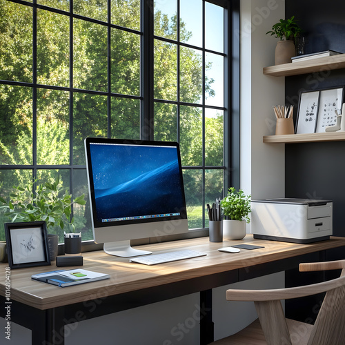 Office Interior Featuring Wooden Desk with Computer and Printer, Large Window View